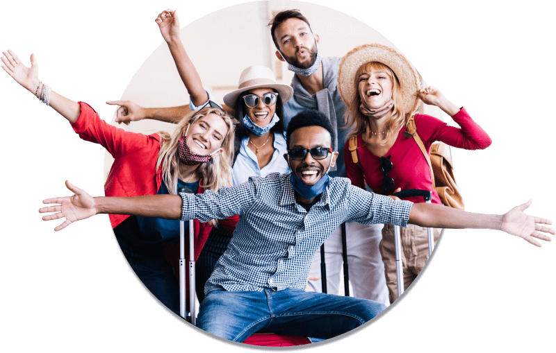 headline image of excited travellers at the airport for worry-free travel with travel insurance