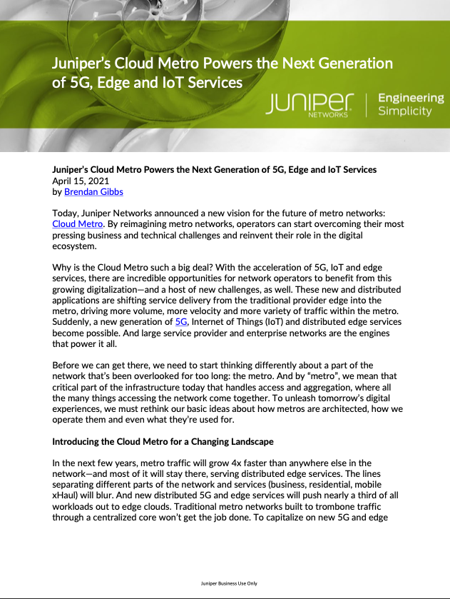 Juniper’s Cloud Metro Powers the Next Generation of 5G, Edge and IoT Services