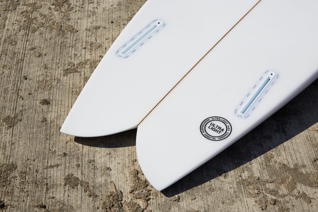 Swallow tail and Futures twin-fin set-up on the Channel Islands FishBeard surfboard, as reviewed by Angus Scotney in the Test Tub surfboard review