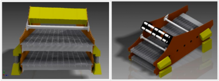Vista frontal CAD peneira vibratória (esquerda) e vista isométrica modelo CAD peneira (direita)