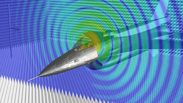 simulação de EMA3D Cable mostrando as emissões irradiadas de chicotes de cabos dentro de um avião