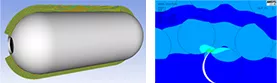 Um tanque de hidrogênio líquido/comprimido criogênico utilizando Ansys Composite PrepPost (ACP) à esquerda e a análise de embrulhamento/rachadura em Ansys Mechanical à direita