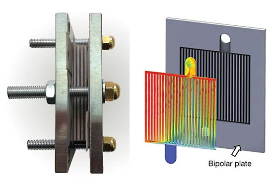 Una pila de electrólisis de agua PEM para la producción de hidrógeno (izquierda) con el diseño de la célula optimizado mediante simulación Ansys (derecha)