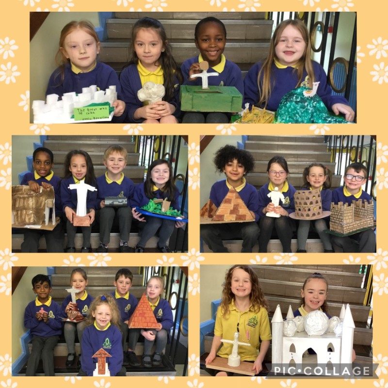 Pupils from Mrs McManus' class display their Wonders of the World models.