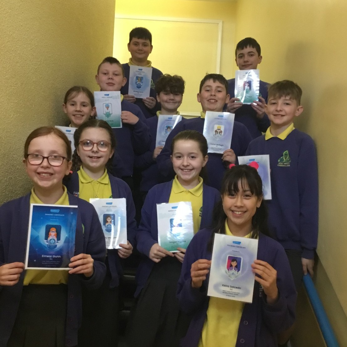 Happy P7's from Mrs Cathcart's class celebrated receiving their first platinum, diamond and emerald certificates.