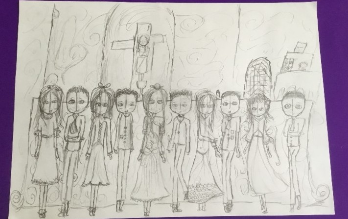 Beautiful artwork created by Hamish, Mrs Smiths class, depicting Holy Communion.