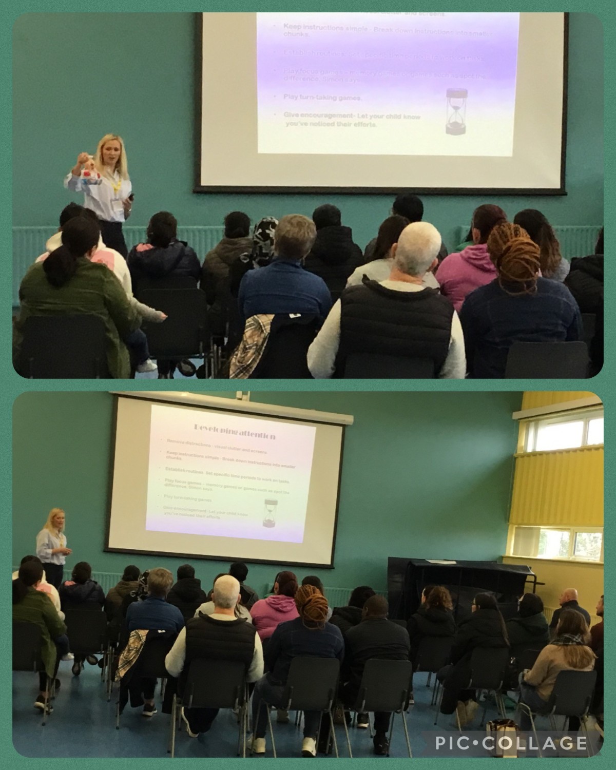 Speech Therapist Shirley-Ann Dickey gives a presentation to parents of P2, P1, Nursery and Preschool children.