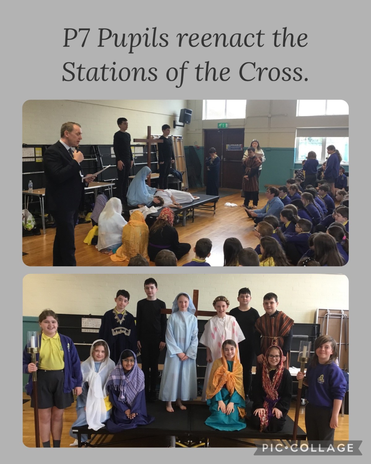 For Holy Week a group of P7 pupils reenacted the Stations of the Cross for KS2 children..  This will be part of the Good Friday ceremony (11am) at St Michaels Church, Enniskillen.