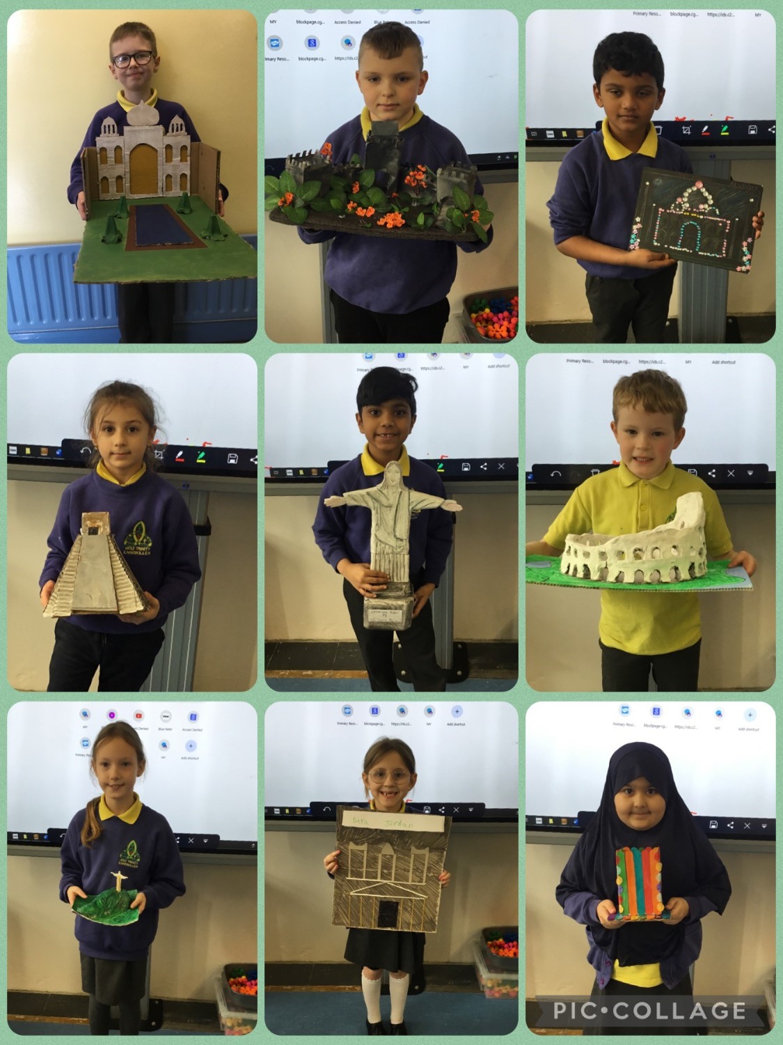 Pupils from Mrs Gormley's class with their 'Wonder of the world' 3D model 