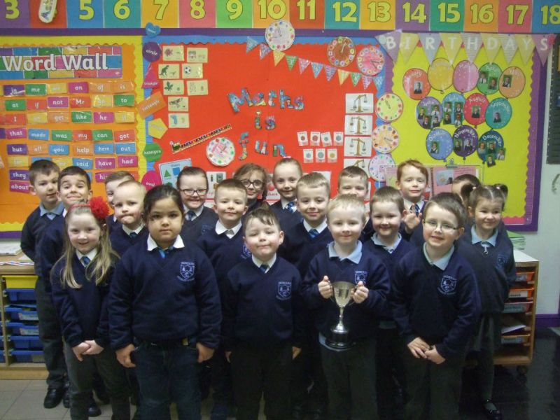 Primary 1 and 2 won the attendance cup for April. 