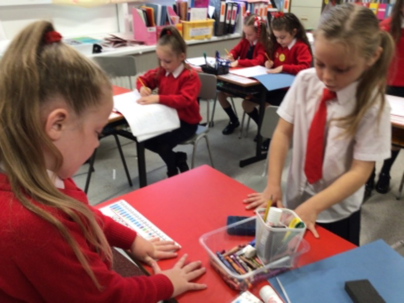 Using our hand span to measure the length of the desk.