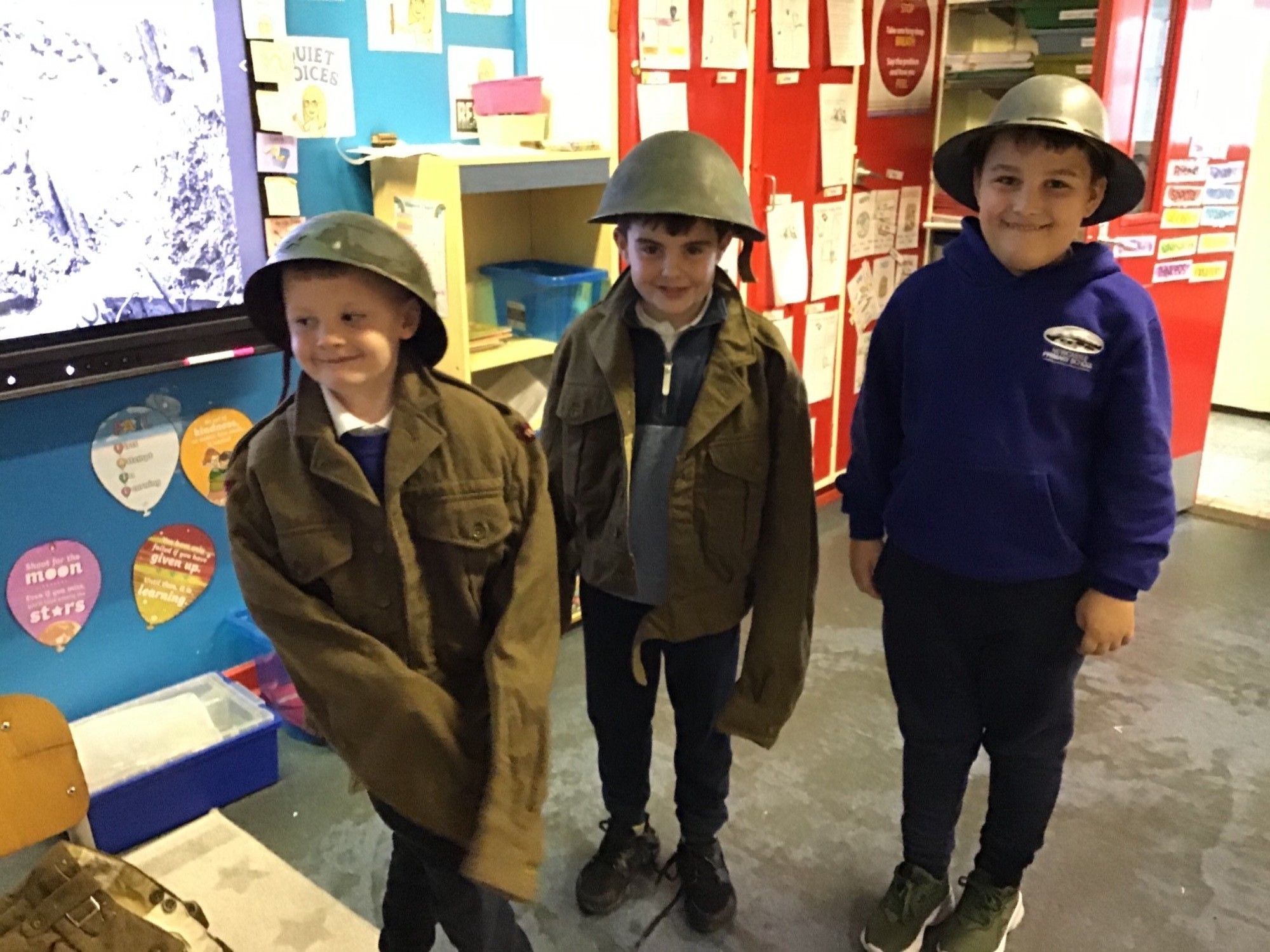 Dressing up like a World War Two soldier during our WW2 topic!