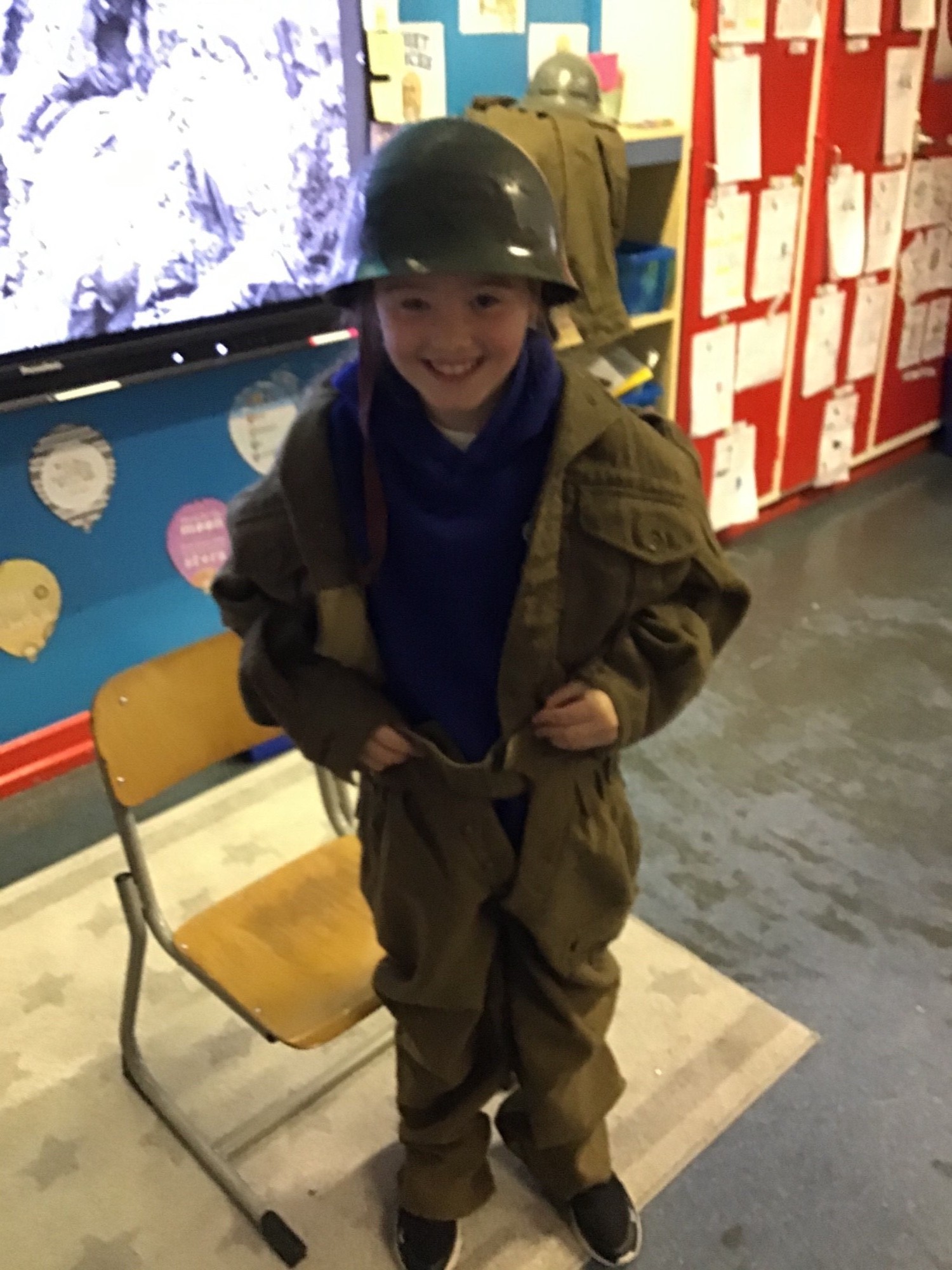 Dressing up like a World War Two soldier during our WW2 topic!