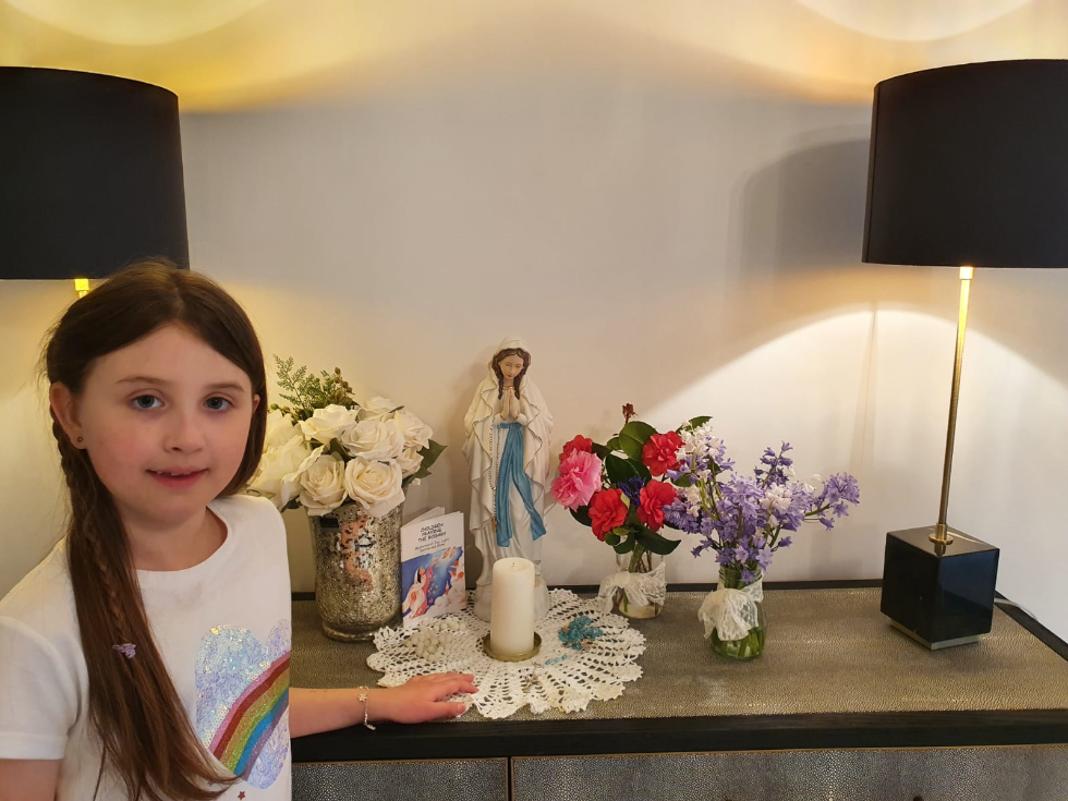 A beautiful May altar. We love your jam jars full of flowers! Mary Queen of Ireland pray for us.