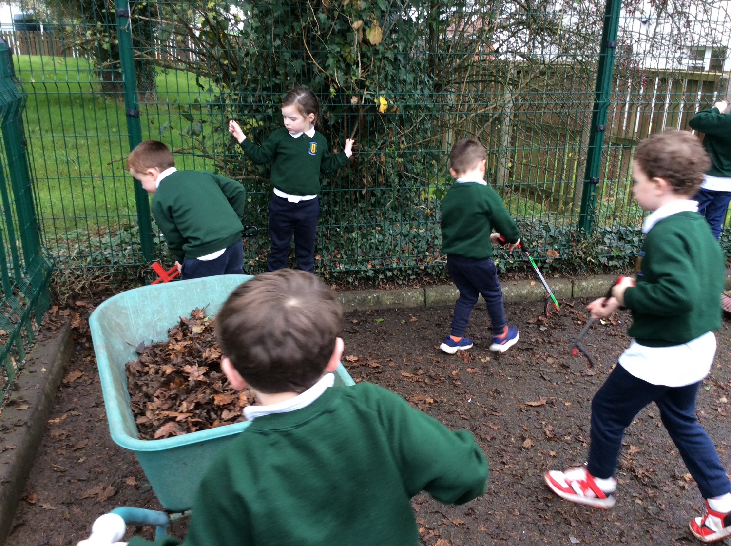 We help to tidy the playground in Autumn.