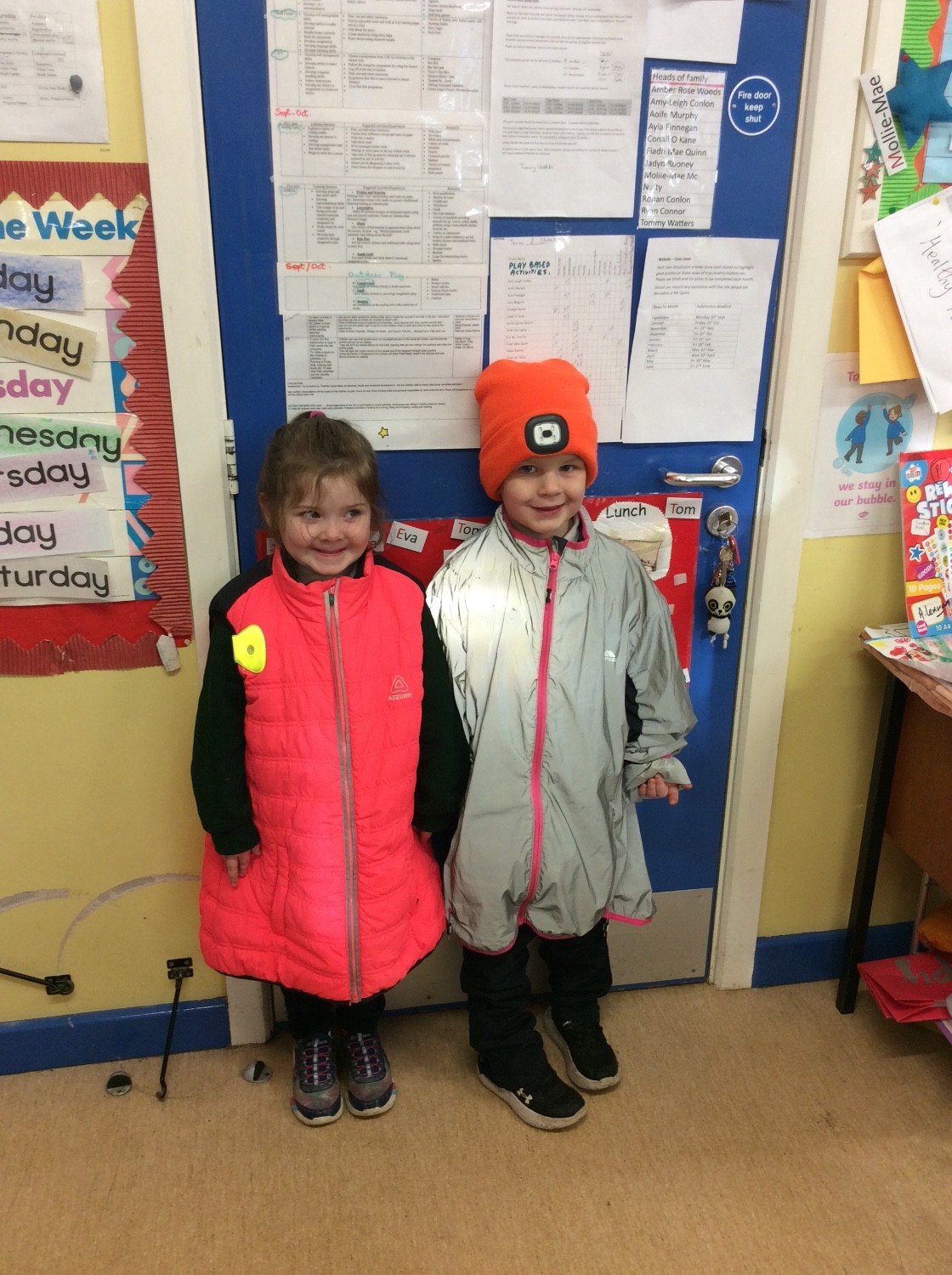 We wear bright clothes at night.