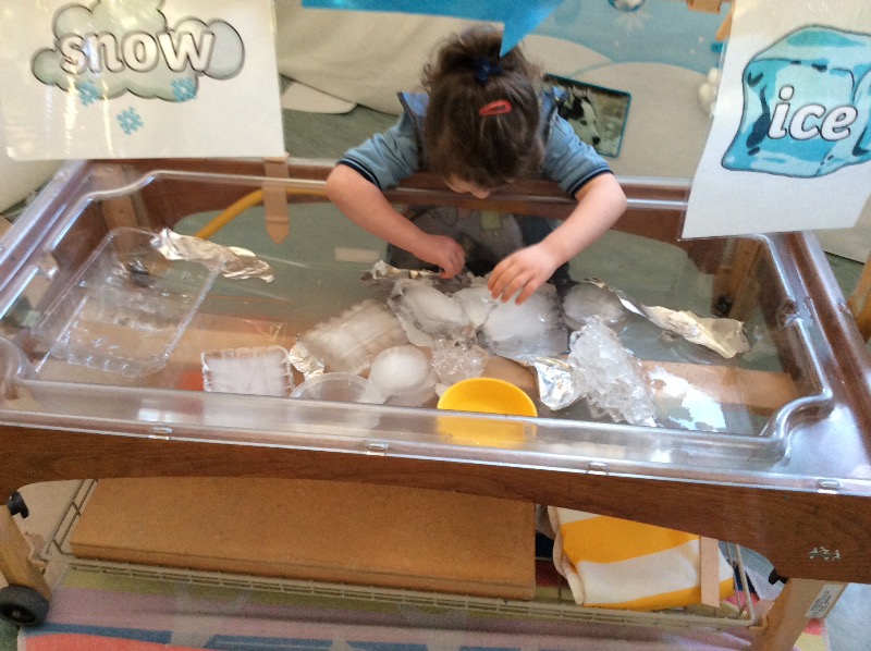 We replaced our water tray with frozen ice. We were able to touch the ice and match the shapes into the correct tubs.
