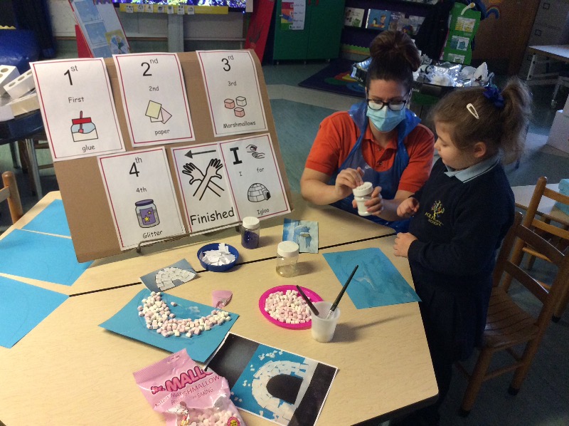 I is for Igloo. We used our visuals to help us create our igloo picture.