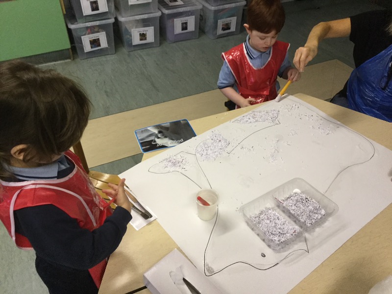 We used shredded paper to make our large Polar bear which was added to our role play corner.