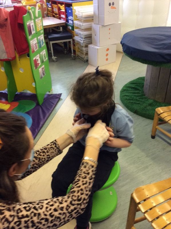 Trying on different items of clothing.