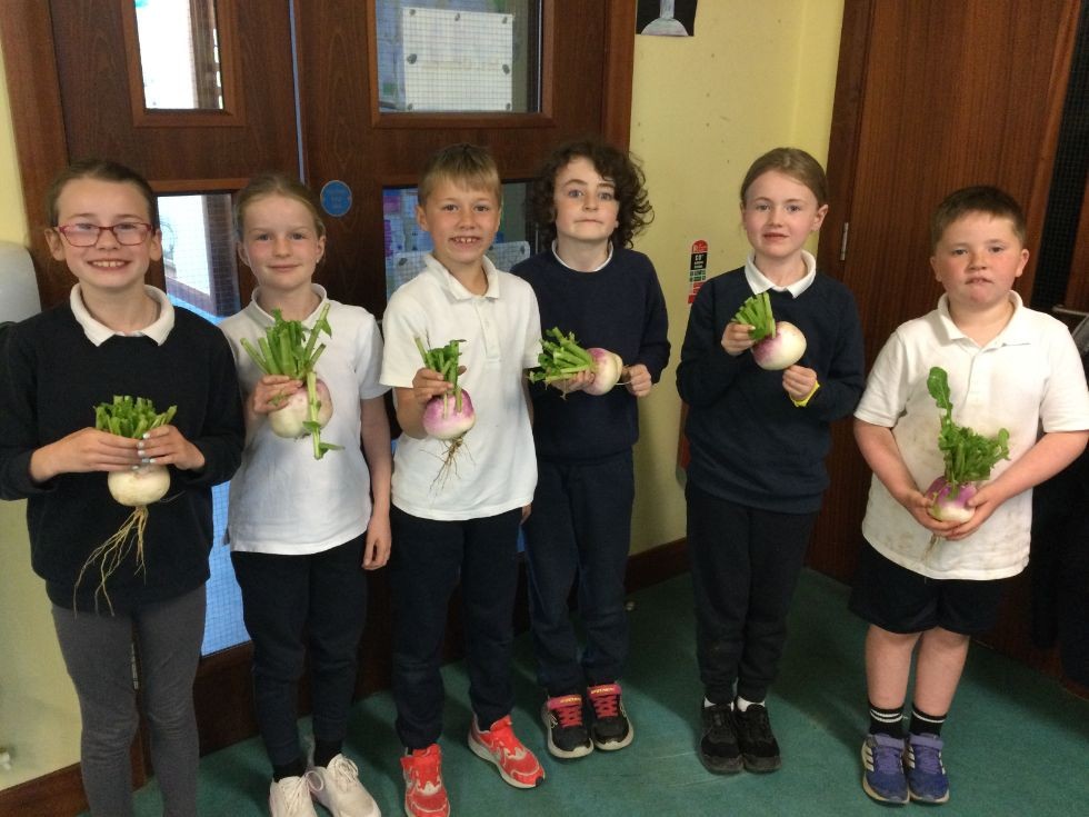 2nd Class students with their school-grown vegetables