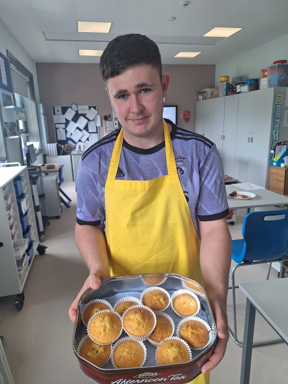Caolain is bringing home some lemon muffins to share with his family.