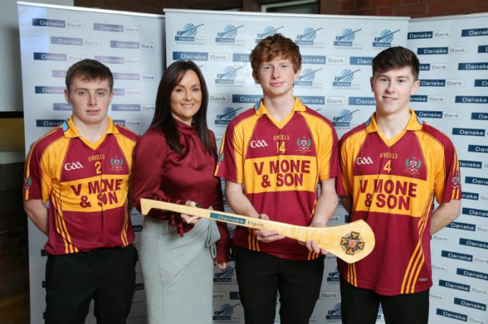 Aisling Press, Head of Branch Banking at Danske Bank and Jimmy Smith, Chairman of the Ulster Schools GAA pictured with Jim Shortt, St Patrick's Keady, Paul Green, St Patrick's Keady and Stephen McKearney, St Patrick's Keady.