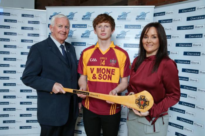 Aisling Press, Head of Branch Banking at Danske Bank and Jimmy Smith, Chairman of the Ulster Schools GAA pictured with 2017/18 Danske Bank Ulster Schools' Football All Star. 14 Paul Green, St Patrick's Keady