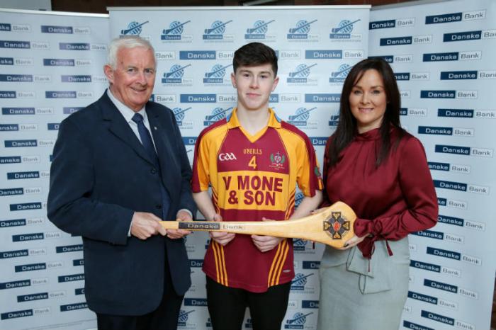 Aisling Press, Head of Branch Banking at Danske Bank and Jimmy Smith, Chairman of the Ulster Schools GAA pictured with 2017/18 Danske Bank Ulster Schools' Football All Star. Stephen McKearney, St Patrick's Keady