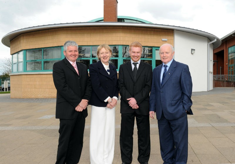 Ms Pat McGuckian, Principal of St Patrick's High School, pictured with Mr Tim Quinn and Mr Henry Daly (Design Team, Daly O'Neill & Associates) and Mr Colin McKee (Moss Construction).
