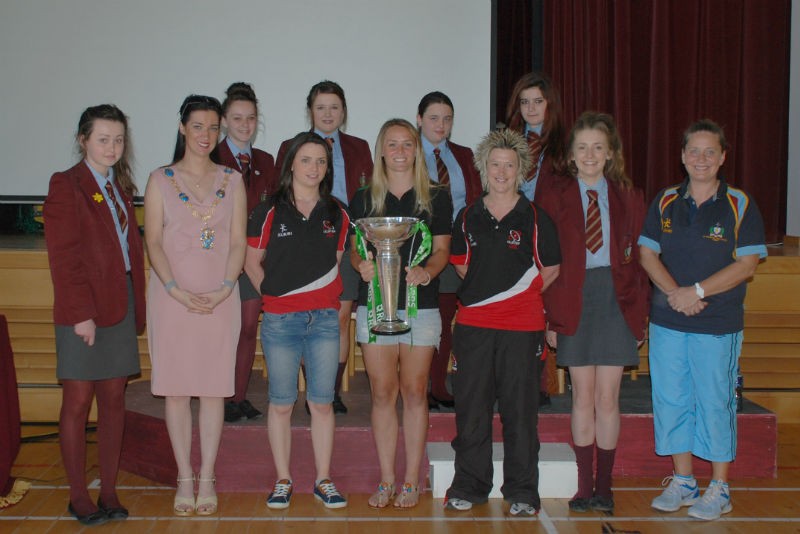 Staff, pupils and Lord Mayor Sharon Haughey Grimley with Ashleigh Baxter, Zoe Templeton, Joy Sparks