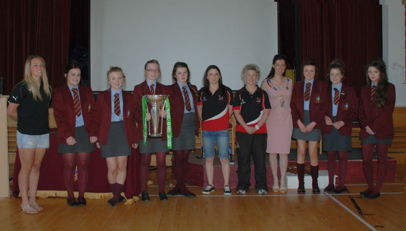 Ashleigh Baxter, Zoe Templeton, Joy Sparks and Lord Mayor Sharon Haughey Grimley with pupils from St Patrick's High School