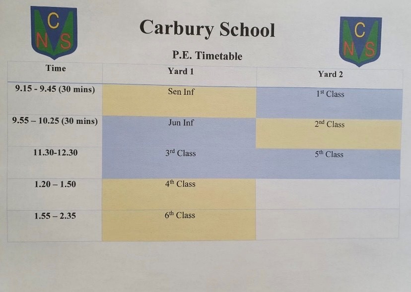 Our PE timetable 