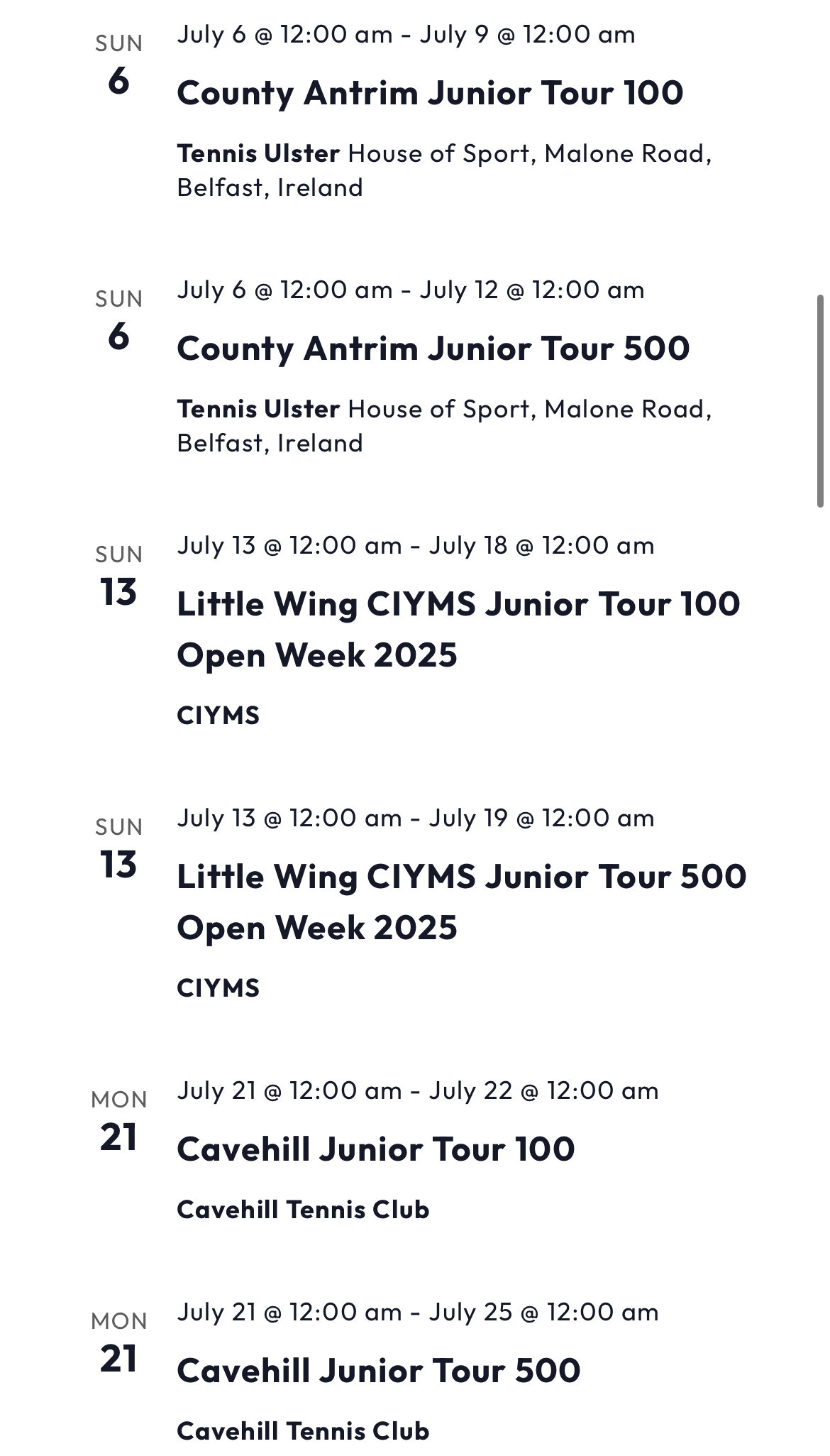 Ulster Junior Tournament List