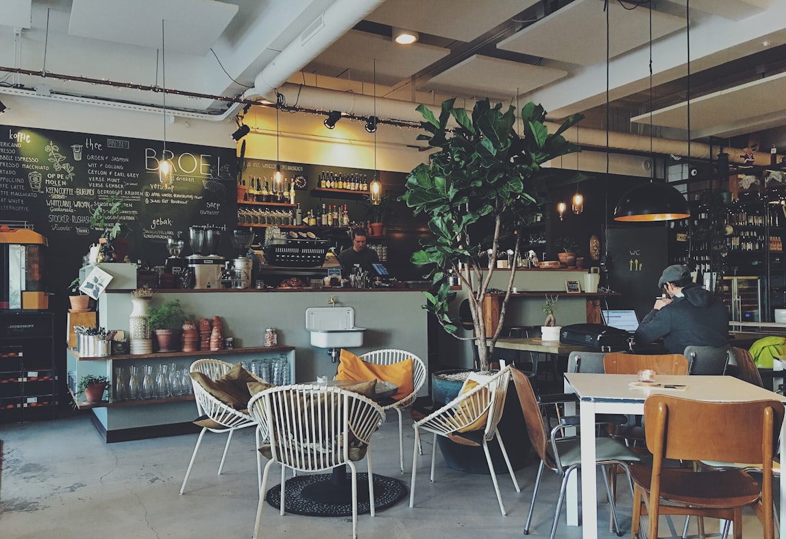 Café interior with rustic wooden tables