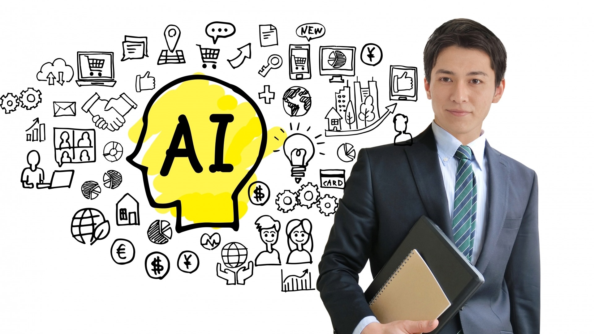 AIや多様なビジネスアイコンを背景に立ち、GEO対策をはじめとするAI活用の未来を見据えるスーツ姿の男性