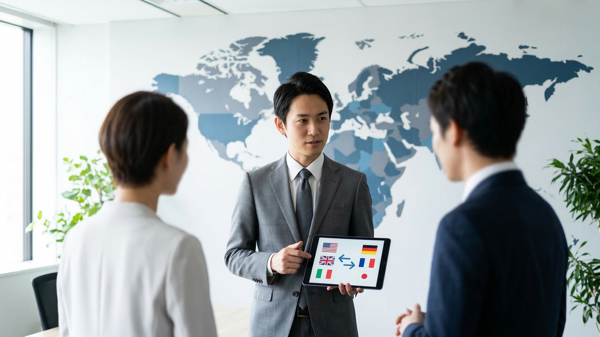 タブレットの翻訳機能を活用し、グローバルなカスタマーサポート展開について協議するチーム。