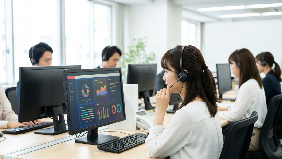 AIを活用したデータ管理画面を導入し、複数のスタッフが迅速な顧客対応を行うカスタマーサポートセンターの全景。