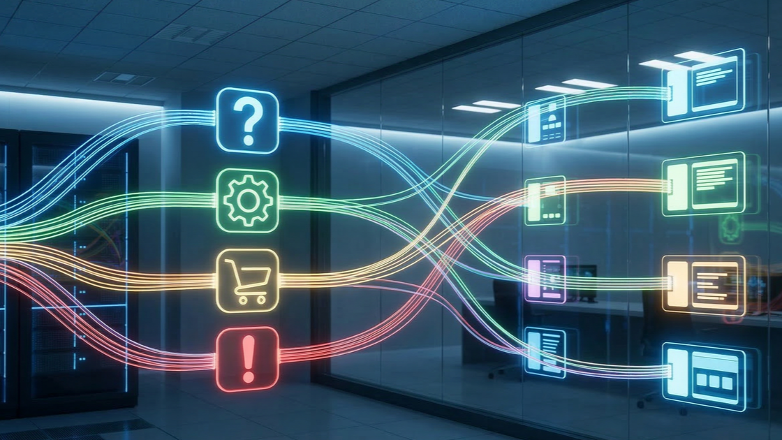 顧客の質問や注文データがAIサーバーへ集約され、最適化されるカスタマーサポートの概念図。