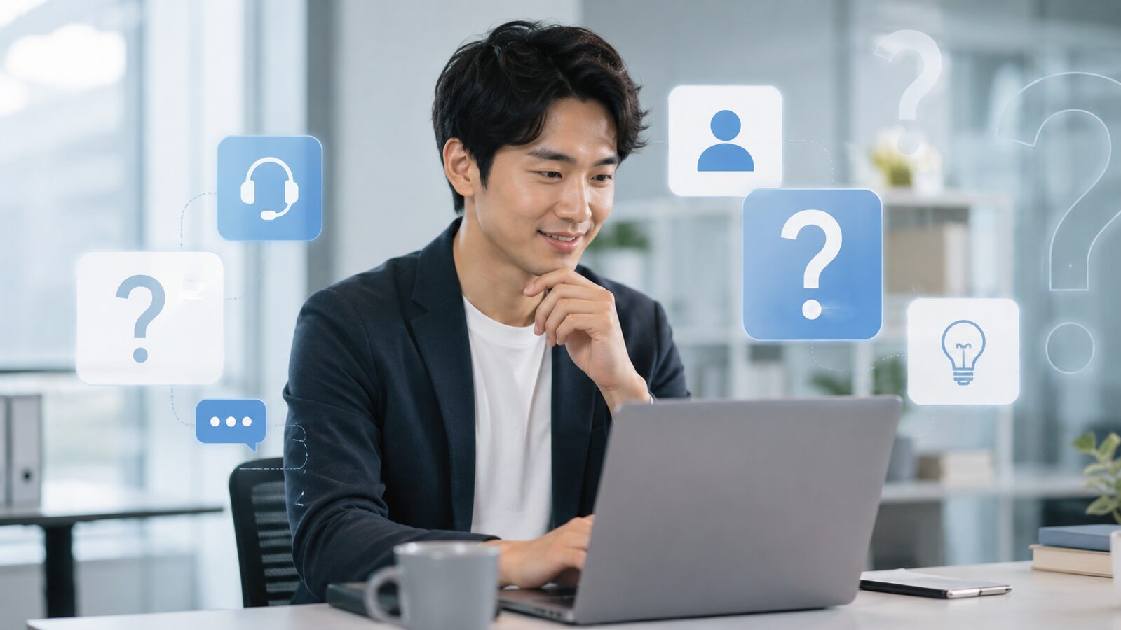 AIコンシェルジュによるFAQの自動応答と疑問解消。顧客の不明点を即座に解決するメリットを紹介。自己解決率を高め、サイト離脱を防ぐことでCVR向上に繋げる活用イメージ。