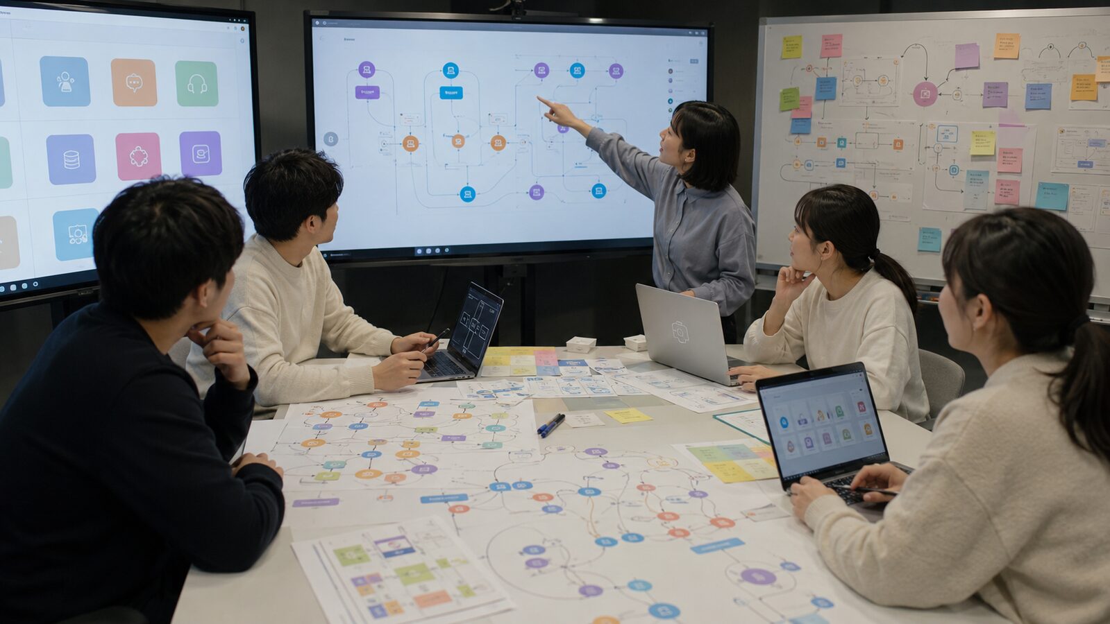 AIコンシェルジュの導入手順におけるシナリオ設計とFAQ統合。複雑なカスタマージャーニーを可視化し、CVR向上を実現するための対話フロー構築とシステム連携を検討するチーム。
