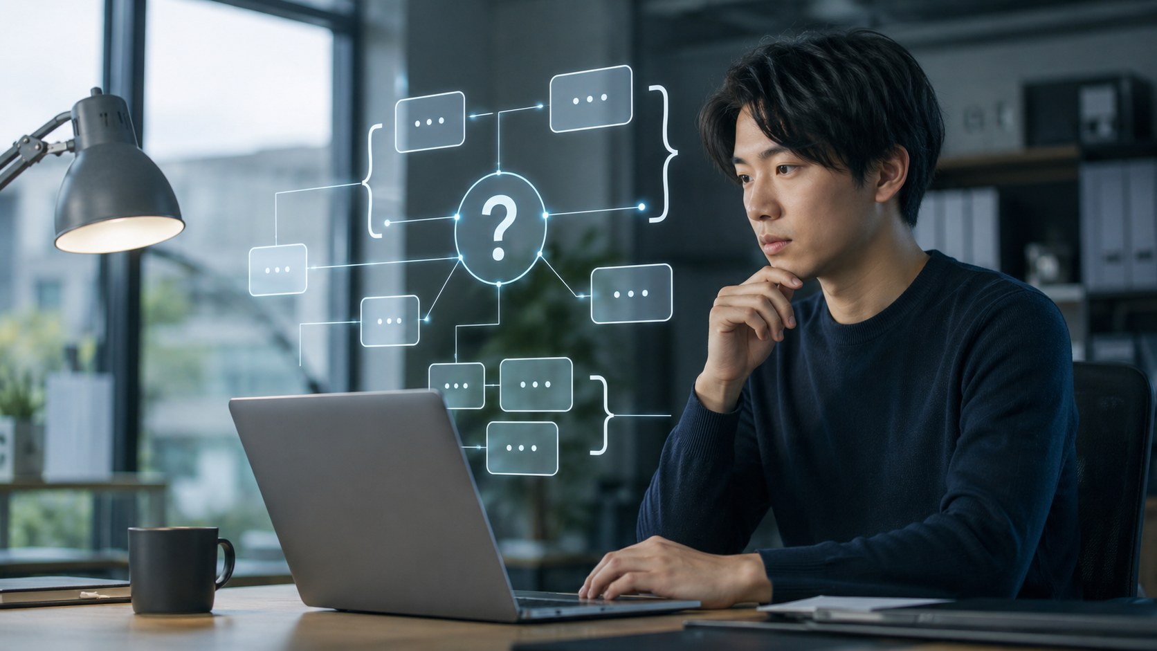 AEO対策に取り組むビジネスマン。AIによる検索結果への自動回答を想定し、ユーザーの「なぜ？」に的確に応えるコンテンツの具体的な施策を、ホログラムの情報フローを見ながら検討しているシーン。