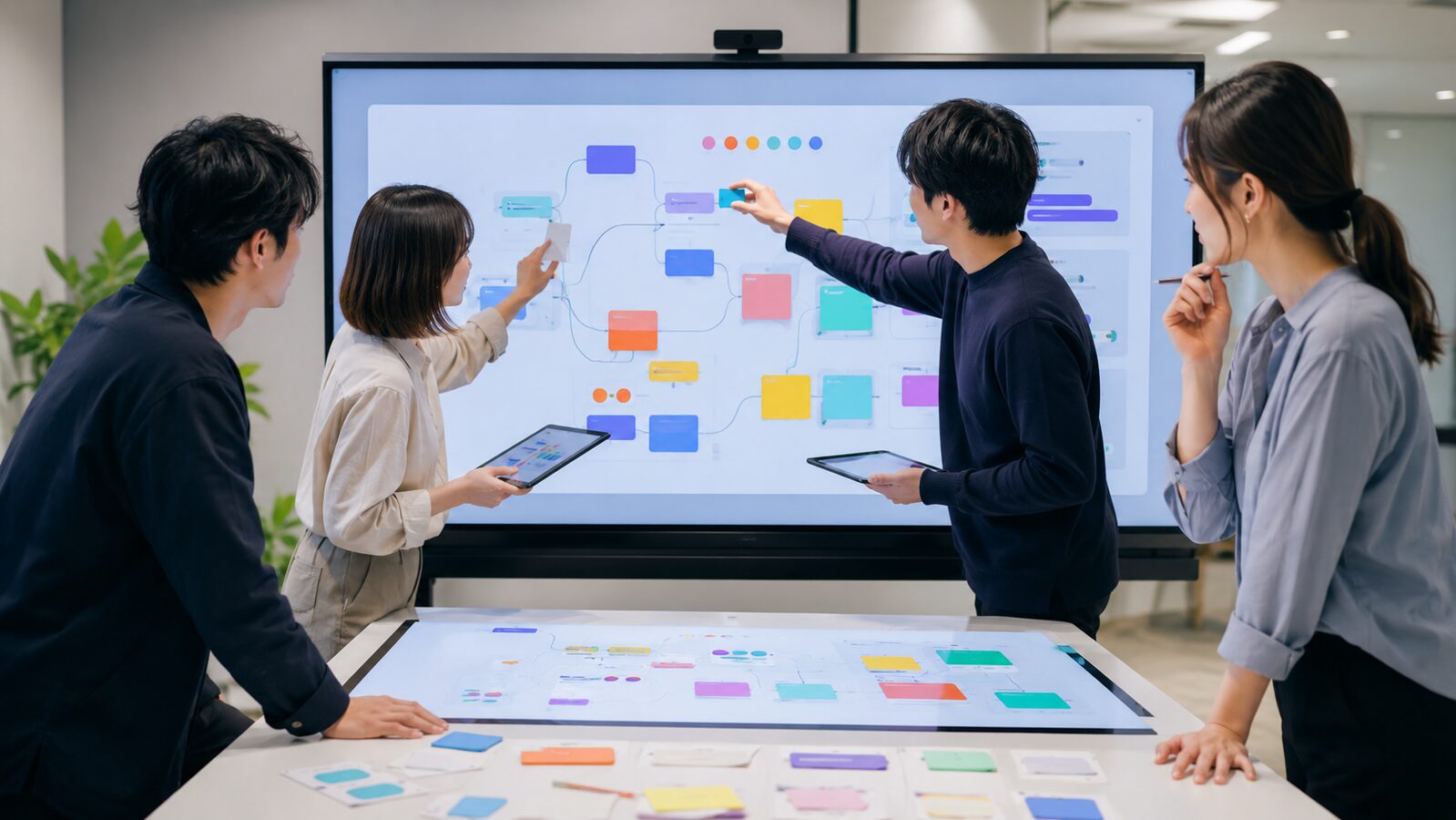 自由度の高いAIコンシェルジュのシナリオ設計と活用事例。直感的な操作で対話フローをカスタマイズし、顧客体験の最適化とCVR向上に向けた導入プロセスをチームで進める光景。