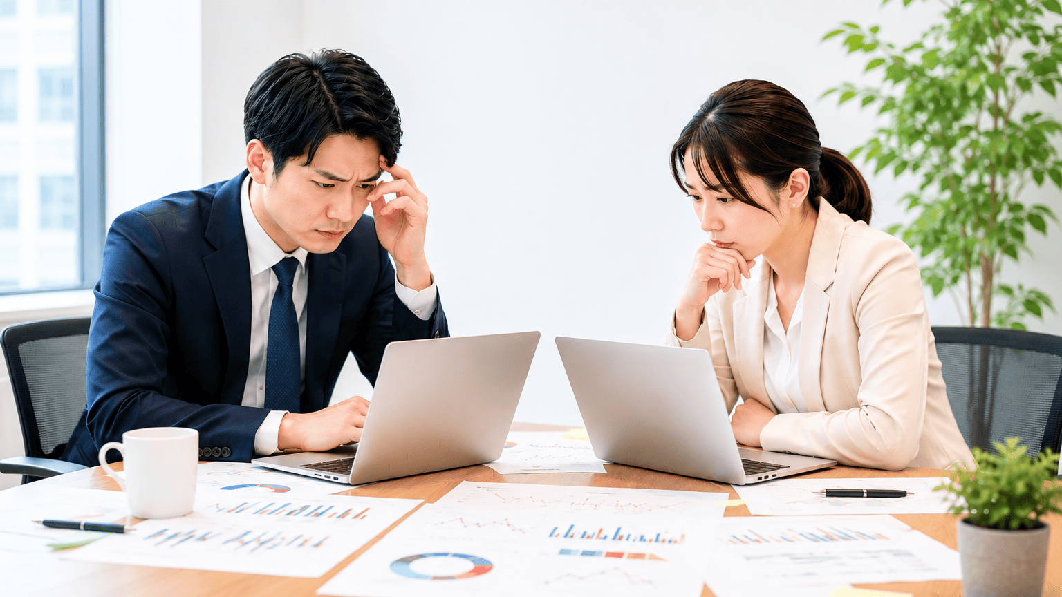SEO対策だけでは成果が出ず、AEO対策の導入に悩む担当者。AI検索エンジンの台頭によるアクセス減少や、具体的な施策の優先順位付けという課題に直面しているシーン。