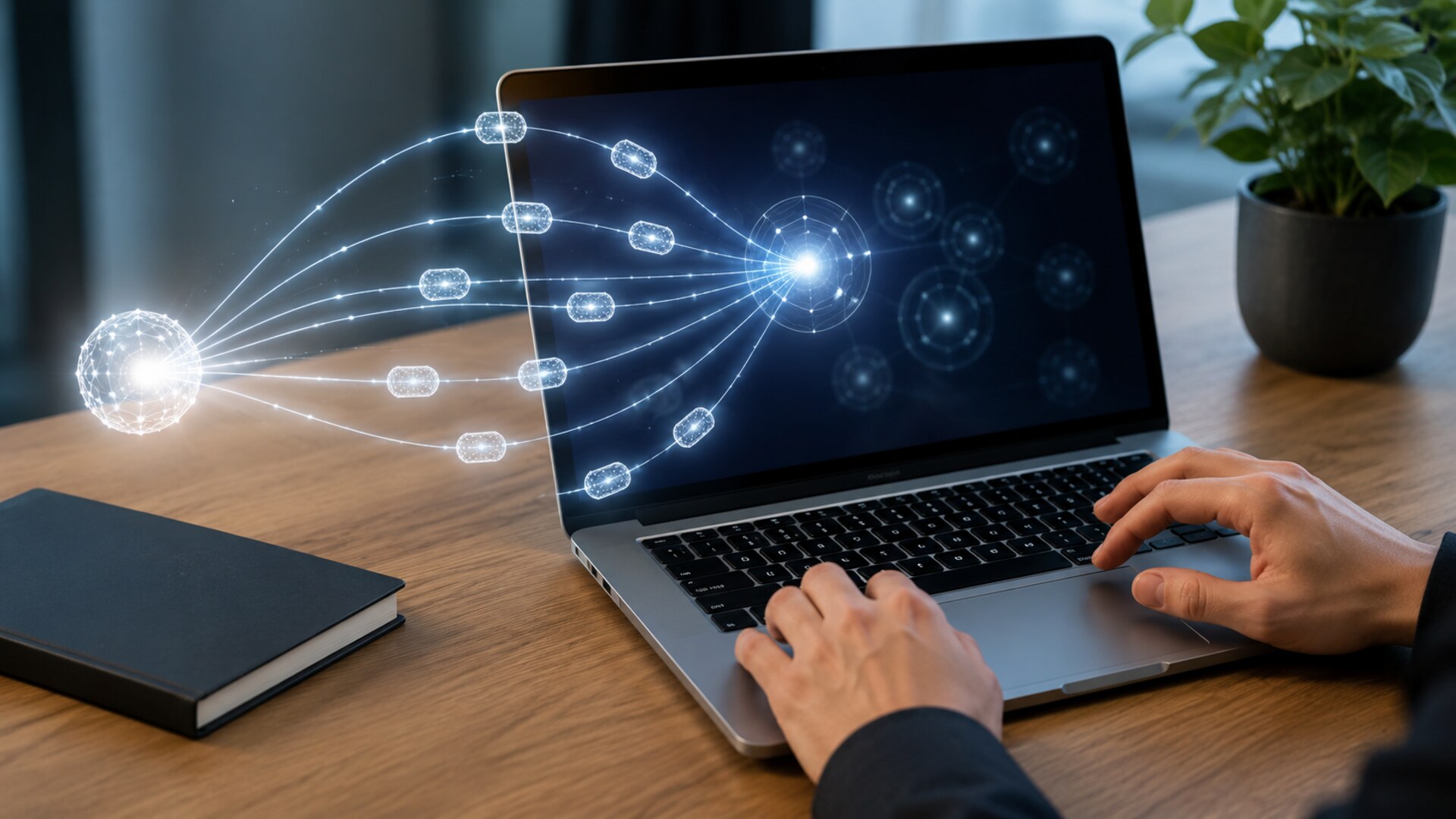 AI検索が1つの質問から複数のサブクエリを自動生成し、ネットワークへ分散処理を行うイメージ図。