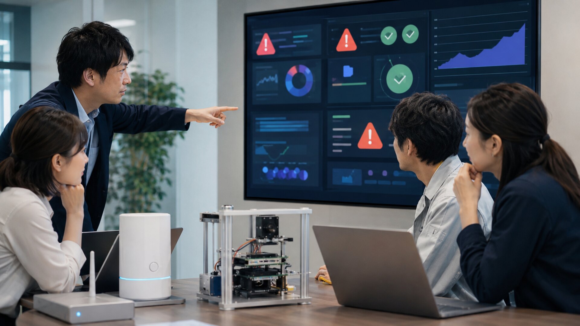 AIオペレーターと既存システムの連携時の失敗やエラー対策について、警告マークが映るモニターを見ながら議論する開発チーム。