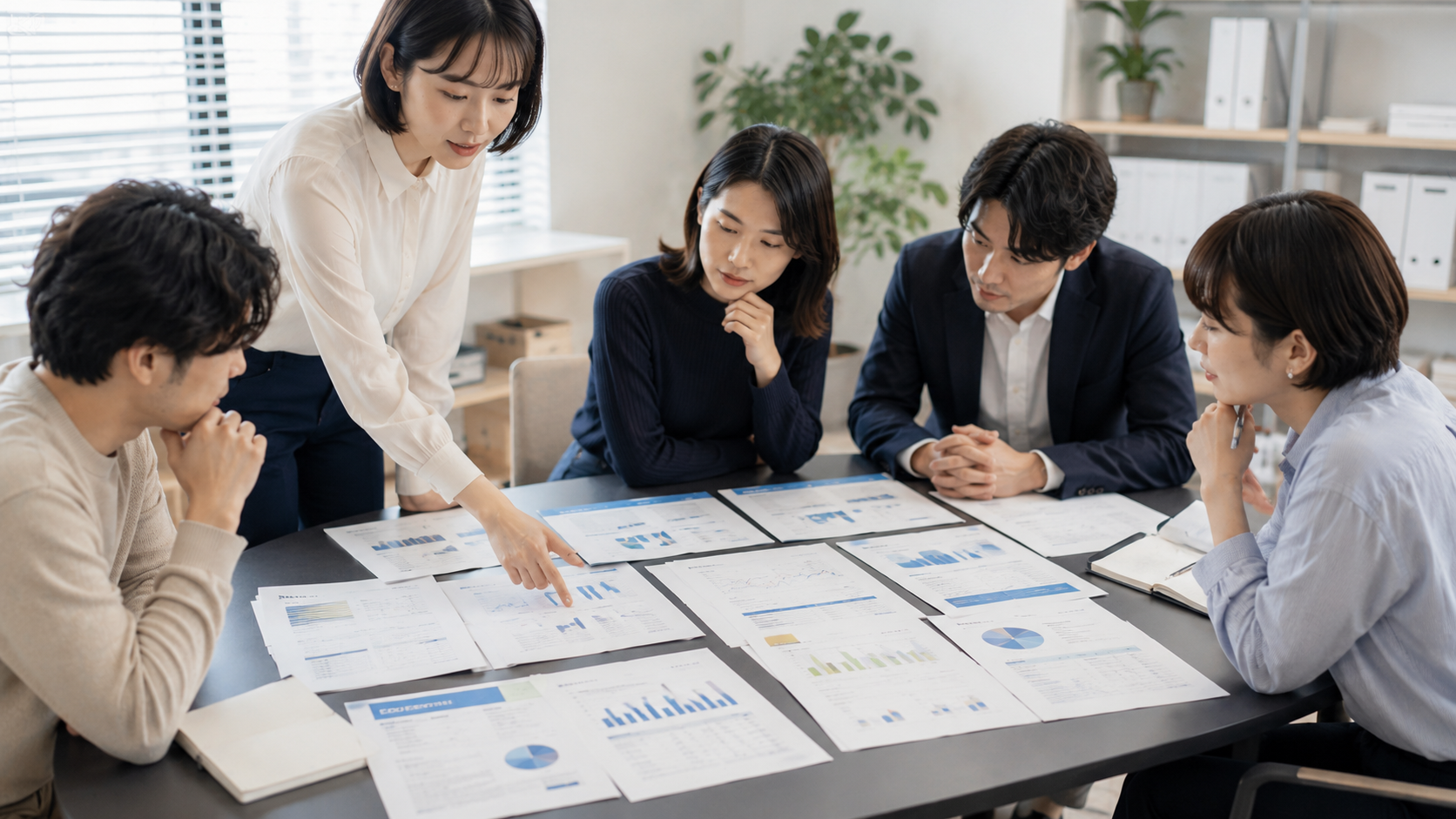 AI検索の仕組みを意識したサイト改善やSEO施策について、手元のデータ資料を見ながら社内で打ち合わせをするチーム。