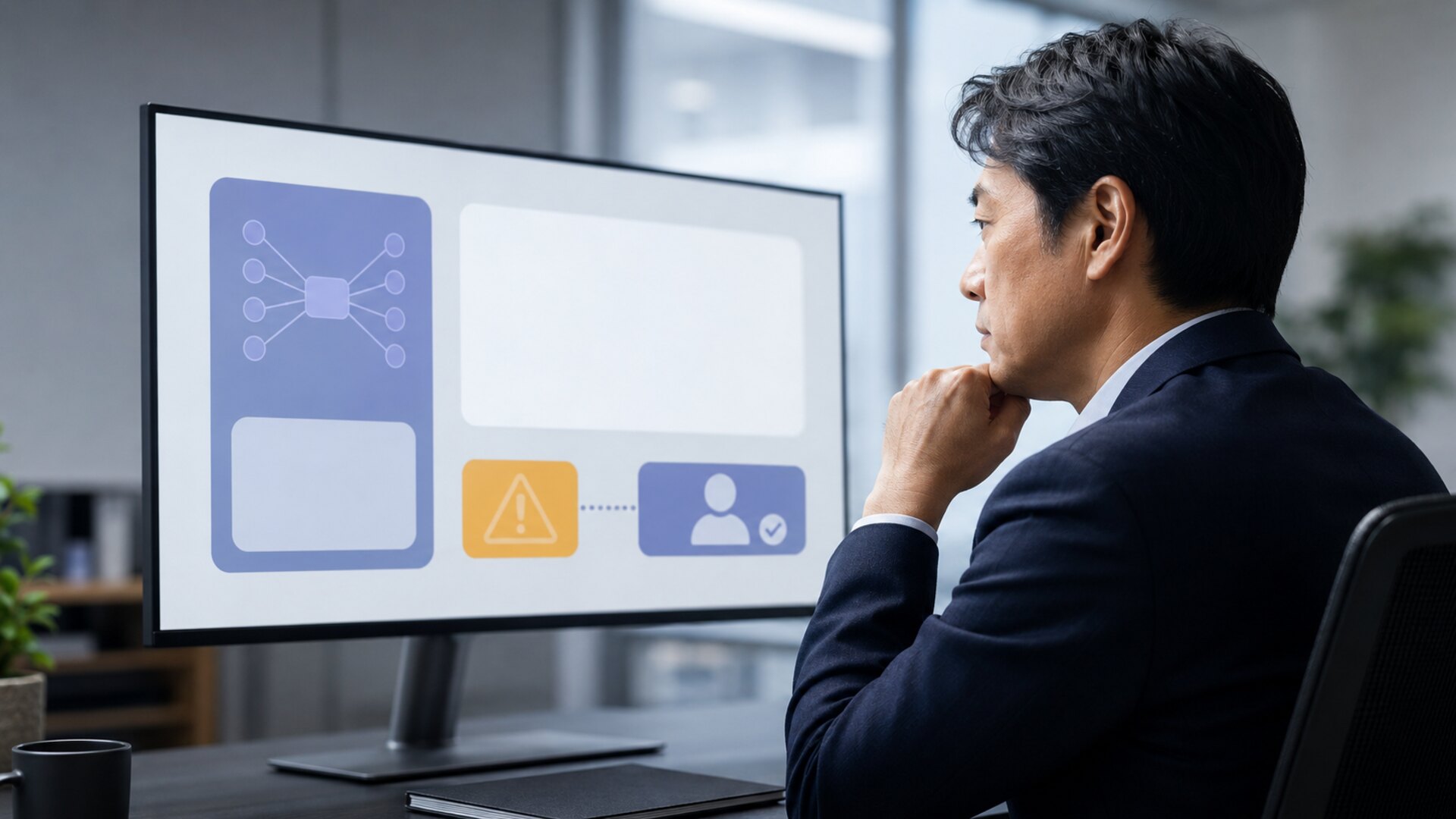 AIオペレーター導入でよくある失敗事例と対策。システムエラーや連携トラブルの画面を深刻な表情で確認する担当者。