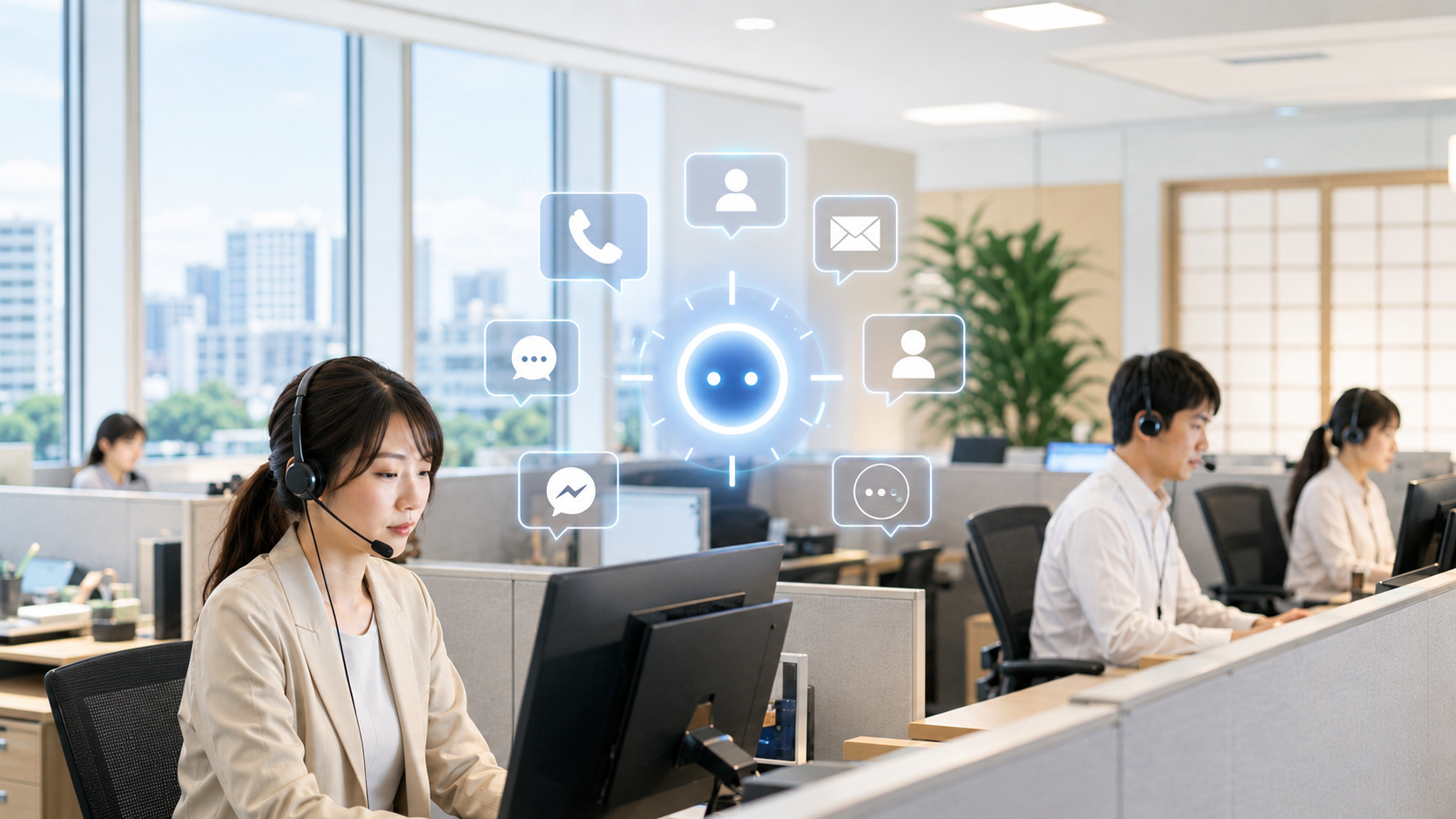 AIオペレーターが電話やチャットなどの複数チャネルで顧客対応する仕組みを表した、女性オペレーターと通信アイコンの図。