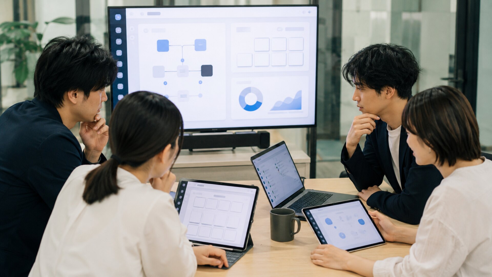 最適なAIオペレーターのツール選定に向けて、システム設計図が映るモニターやタブレットを見ながら比較検討するチーム。